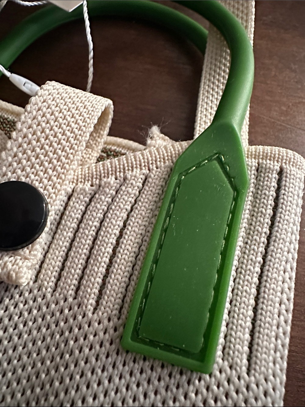 Cream Knit Mini Tote Bag with Green Leaf and Green Rubber Handles - Picture 6 of 7